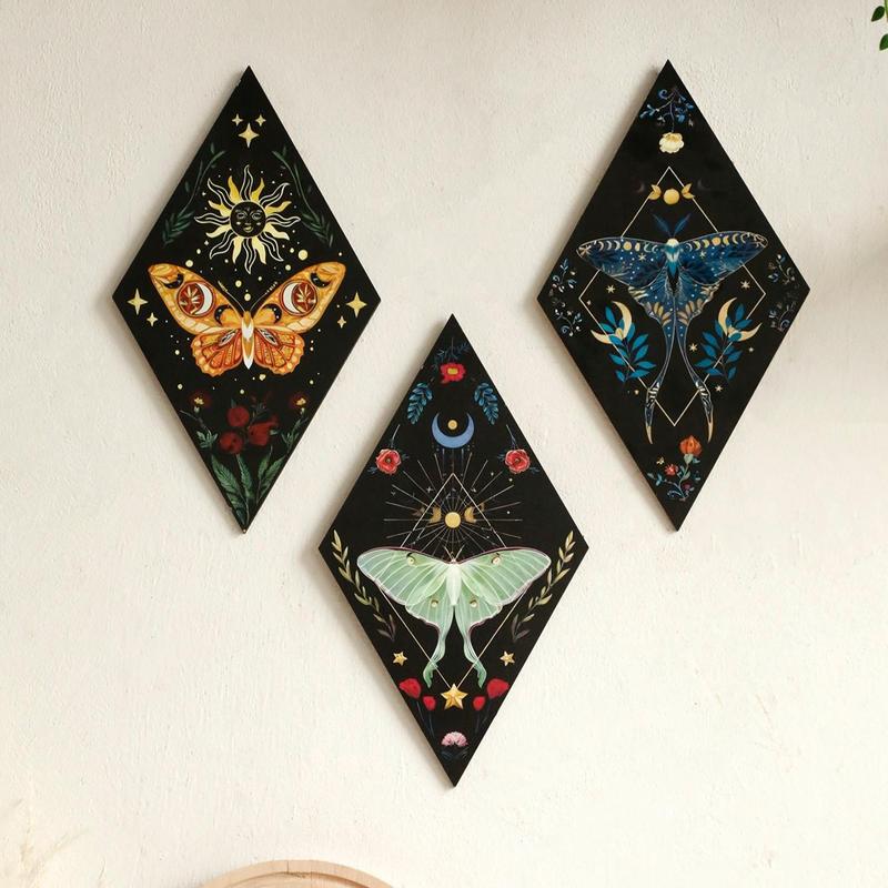 Room Decor Wooden Butterfly & Moon & Star Pattern Wall Art, 3 Counts Boho Style Wall Decor, Halloween Decorations, Wall Hanging Decor for Home Living Room Bedroom, Bedroom Decor