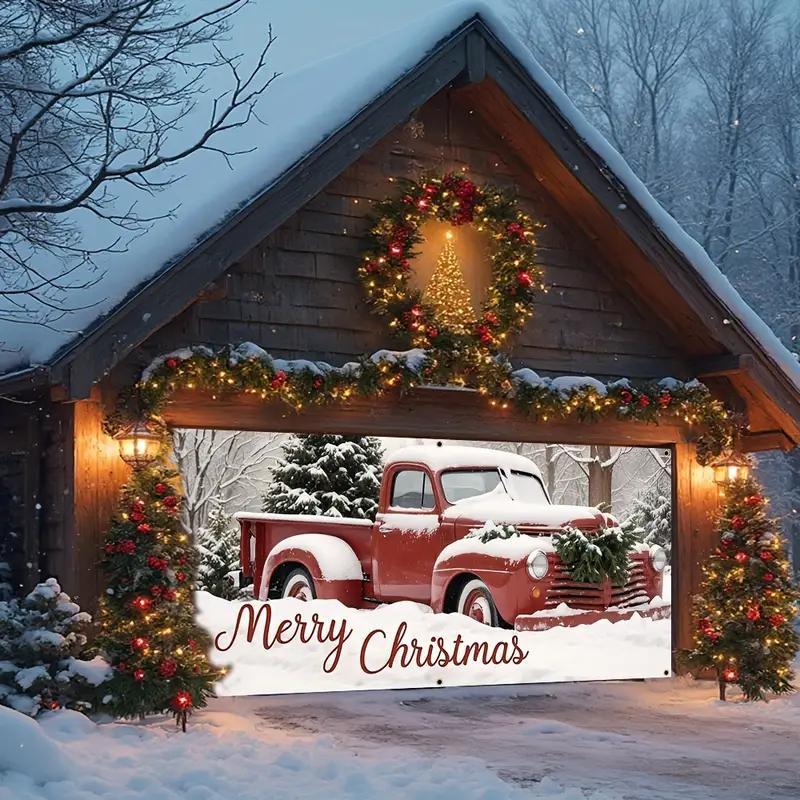 Christmas Themed Garage Door Cover, 1 Count Merry Christmas Car Pattern Garage Door Banner, Indoor Outdoor Festival Background, Home Decor