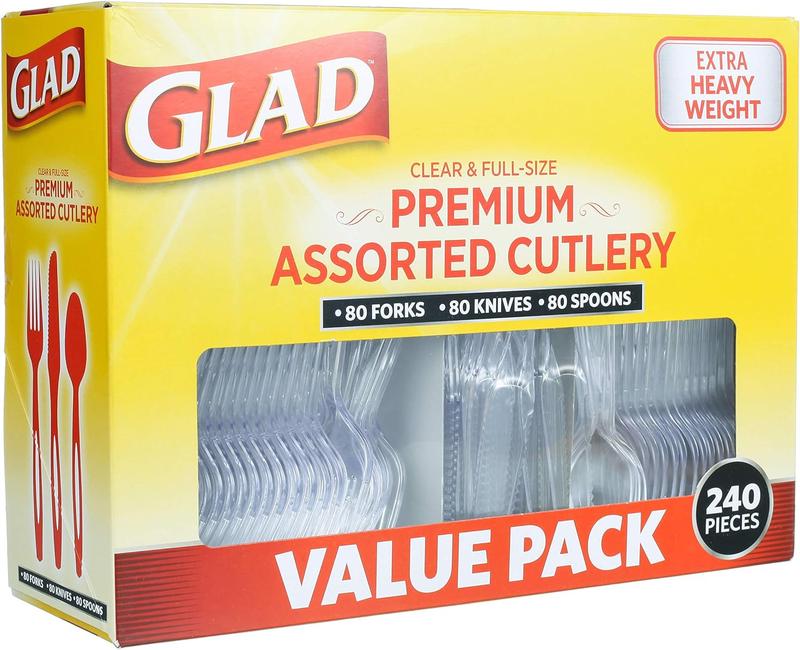 Glad Disposable Plastic Cutlery, Assorted Set | Clear Extra Heavy Duty forks, Knives, And Spoons | Disposable Party Utensils | 240 Piece Set of Durable and Sturdy Cutlery