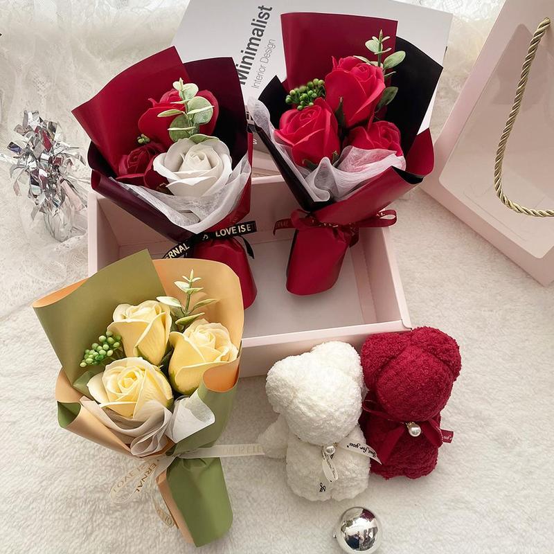 Artificial Rose Bouquet & Bear Towel Gift Box, 1 Count Creative Birthday Gift, Wedding Party Gift, Romantic Gift Box, Teacher's Day Gift