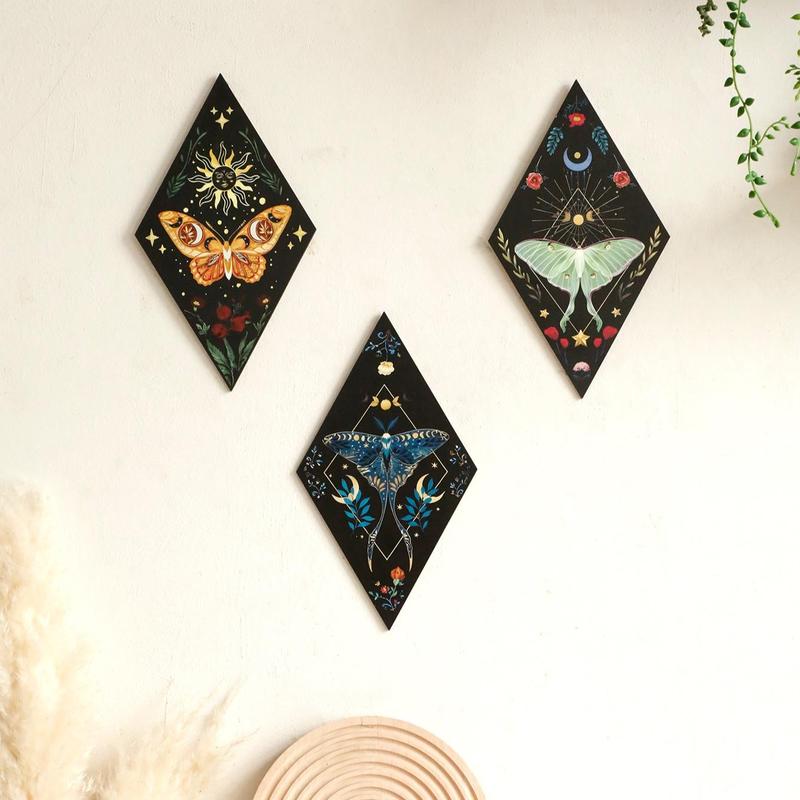 Room Decor Wooden Butterfly & Moon & Star Pattern Wall Art, 3 Counts Boho Style Wall Decor, Halloween Decorations, Wall Hanging Decor for Home Living Room Bedroom, Bedroom Decor