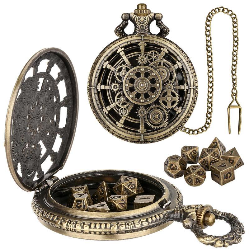 Vintage Pocket Watch Design Storage Case with Dice, 1 Count Creative Gear Chunky Waist Chain Box, Jewelry Storage Box for Home Office Dormitory