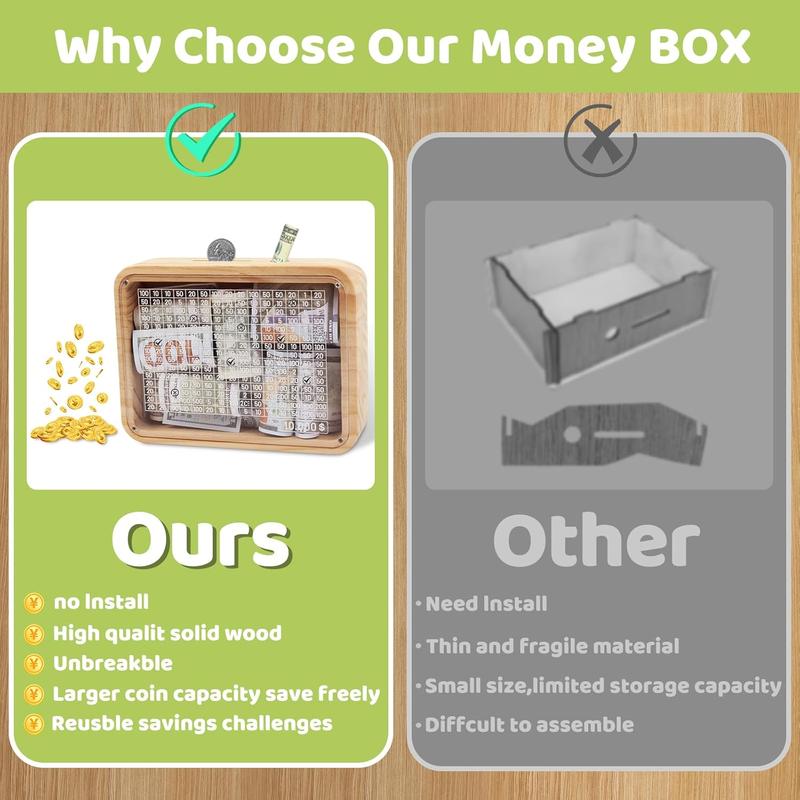 Money Saving Box Piggy Bank for Adults  10000 Savings Target  Challenge Box Coin Counter Reusable Wooden Cash Vault Savings 10k