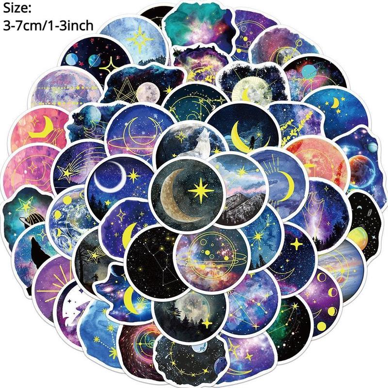 50pcs Colorful Moonlight Planet Series Decorative Sticker, Children's Decorative Collage Decal, Waterproof DIY Decorative Sticker For Stationery Computer Water Bottle Skateboard