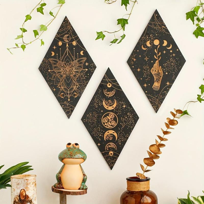 Room Decor Wooden Butterfly & Moon & Star Pattern Wall Art, 3 Counts Boho Style Wall Decor, Halloween Decorations, Wall Hanging Decor for Home Living Room Bedroom, Bedroom Decor