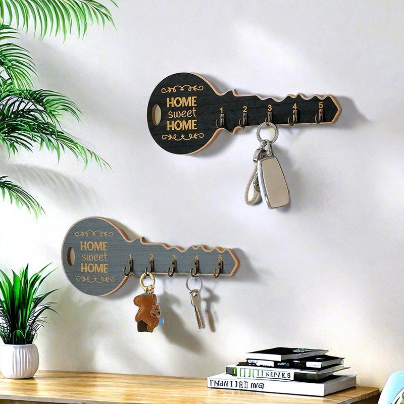 Wall Mounted Key Holder, 1 Count Key Shape Wooden Key Rack with 5 Key Hooks, Creative Entry Door Hook, Home Organizer for Living Room Bedroom