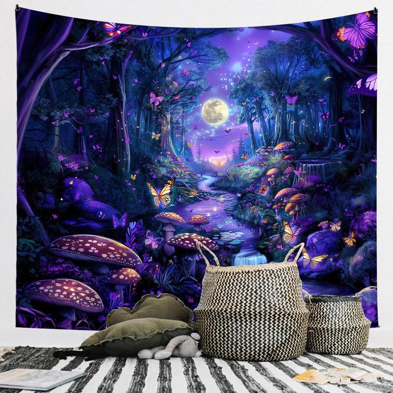 Forest Mosaic Pattern Tapestry, 1 Count Butterfly & Mushroom Print Hanging Blanket, Wall Hanging Decor For Living Room & Bedroom