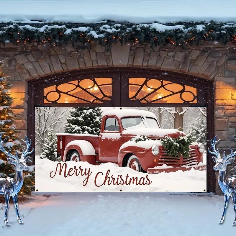 Christmas Themed Garage Door Cover, 1 Count Merry Christmas Car Pattern Garage Door Banner, Indoor Outdoor Festival Background, Home Decor