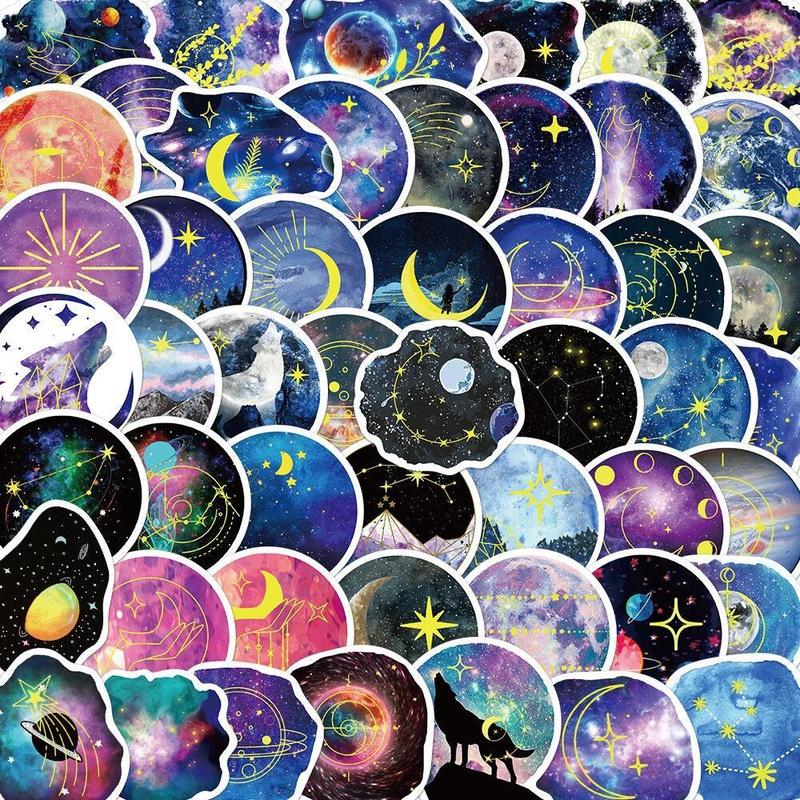 50pcs Colorful Moonlight Planet Series Decorative Sticker, Children's Decorative Collage Decal, Waterproof DIY Decorative Sticker For Stationery Computer Water Bottle Skateboard