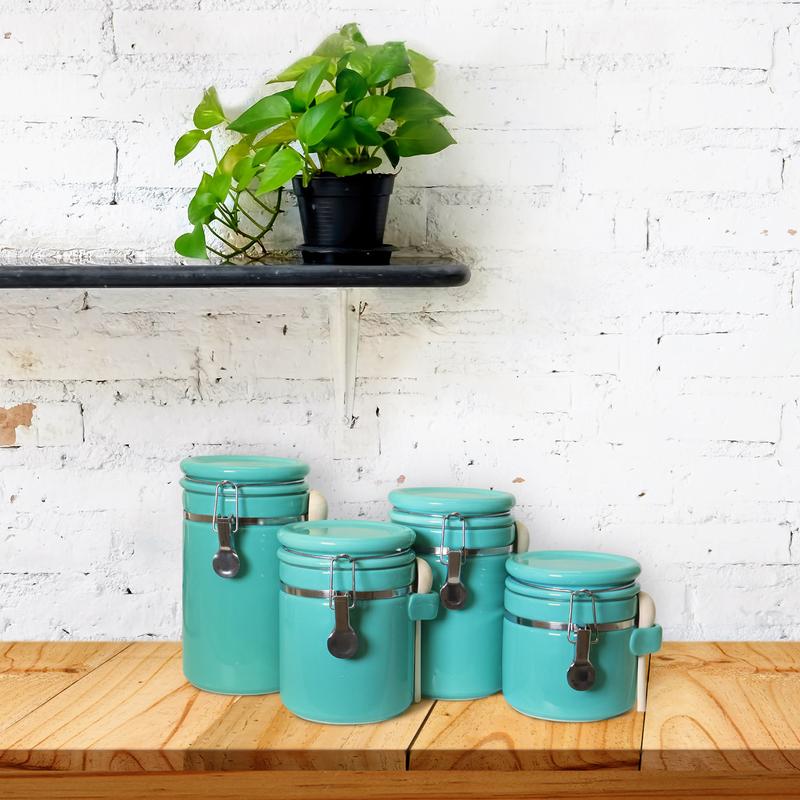 Blue Donuts 4Pc Ceramic Canister Set With Spoons