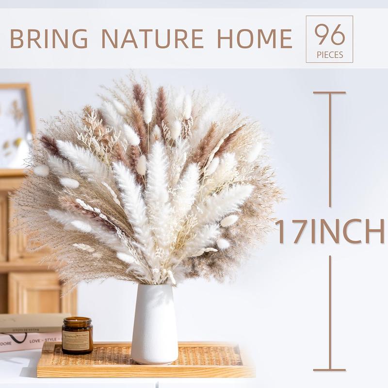 96PCS Natural Dried Pampas Grass Boho Home Decor Bouquet Phragmites Dried Flowers Bouquet for Wedding Floral Arrangements Home Decorations (96PCS) WILD AUTUMN