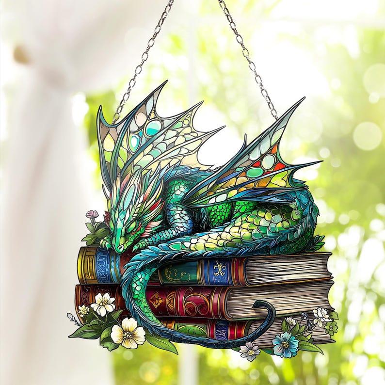 Dragon Sleep Over Books Acrylic, Suncatcher Dragon Love Book Window Hanging, Book Lover Gift Bookish, Home Librarian Gift Hangable Ornaments