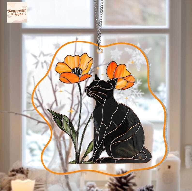 Black Cat and Flower Acrylic Ornament, Cat Lovers Gift, Wildflower with Cat Window Hanging, Remembrance Gift, Gift for Mom, Home Decor Art