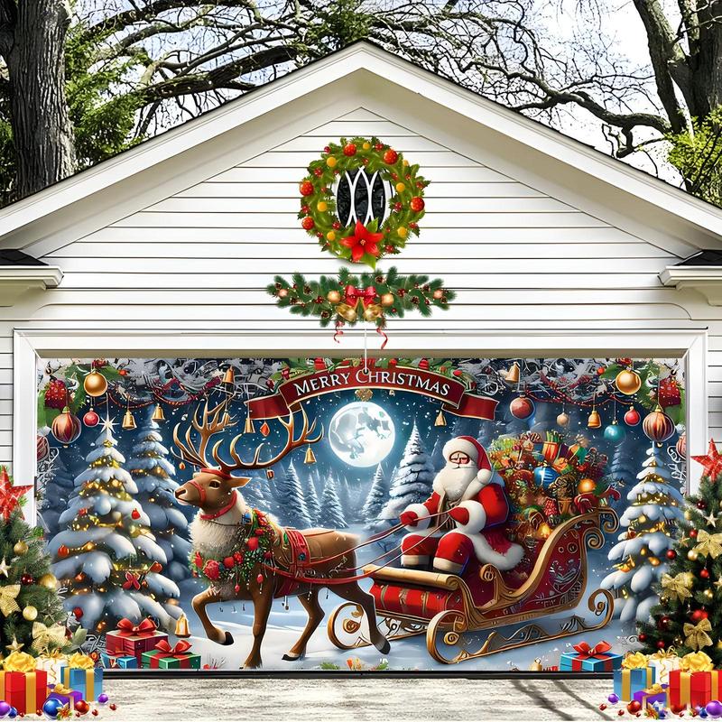 Christmas Themed Garage Door Banner, 1 Count Santa Claus & Reindeer Pattern Garage Door Decoration Flag, Festive & Party Supplies for Home Decor