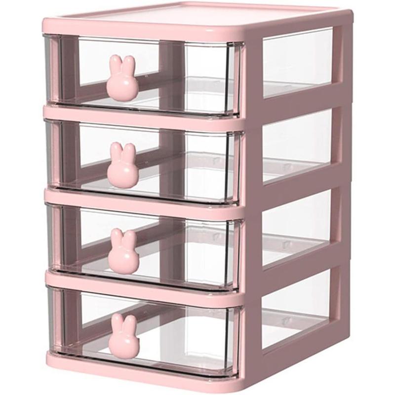 Storage Drawer, 4 Drawer Unit, Drawer Desk Storage Organizer for Makeup, Hair Care, Bathroom, Dorm, Desk, Countertop, Office, 5.3 inches * 6.7 inches * 8.3 inches, Pink