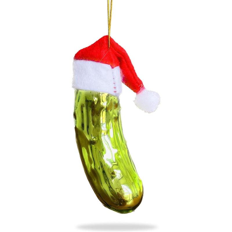 Pickle Ornament for Christmas Tree, Glass Pickle Ornaments in Santa Hat, Xmas Hanging Decor Tradition Blown Glass Ornament Keepsake Gifts