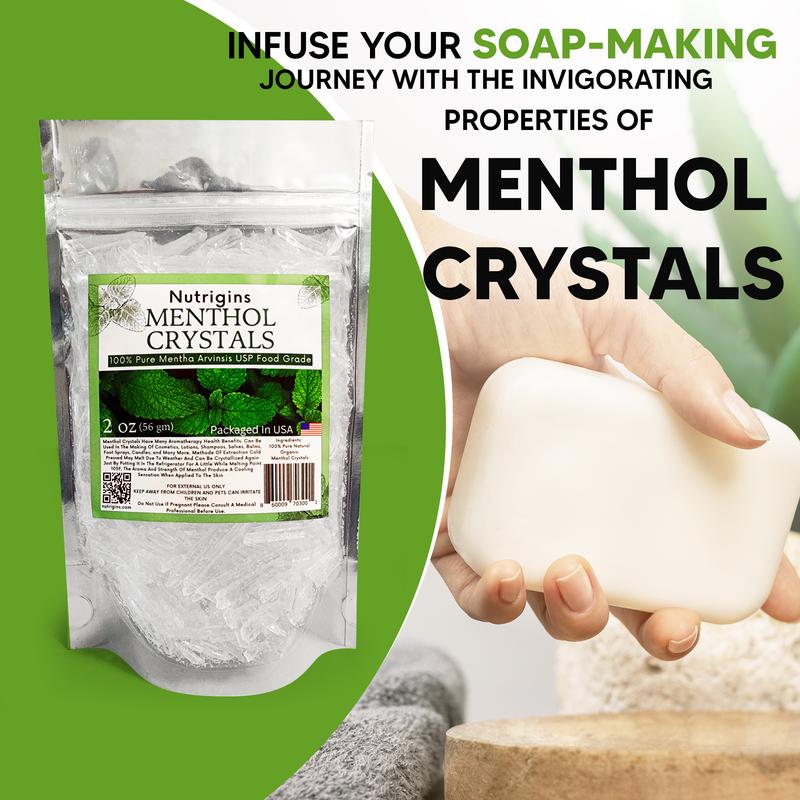 Menthol Crystals 2 oz - 100% Pure Organic Natural Mint - Mentha Arvensis - Perfect for DIY Soaps, Balms & Skincare - Resealable Bag for Freshness