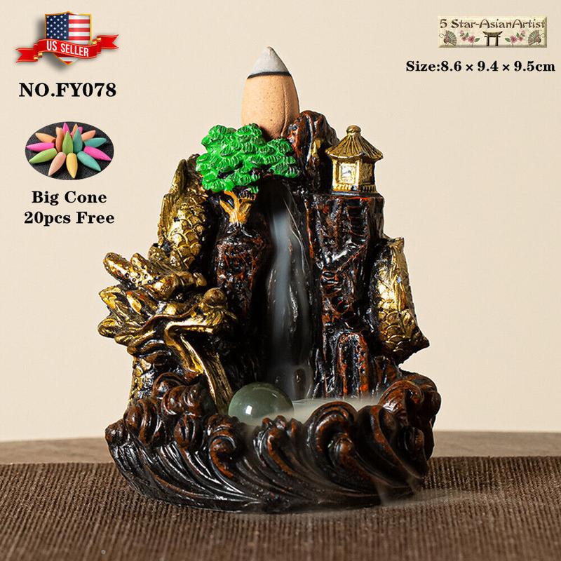 Backflow Waterfall Incense Burner Holder Dragon Mountain Waterfall & 20 Cones Gift Free Decoration Aroma Freshener Fragrance