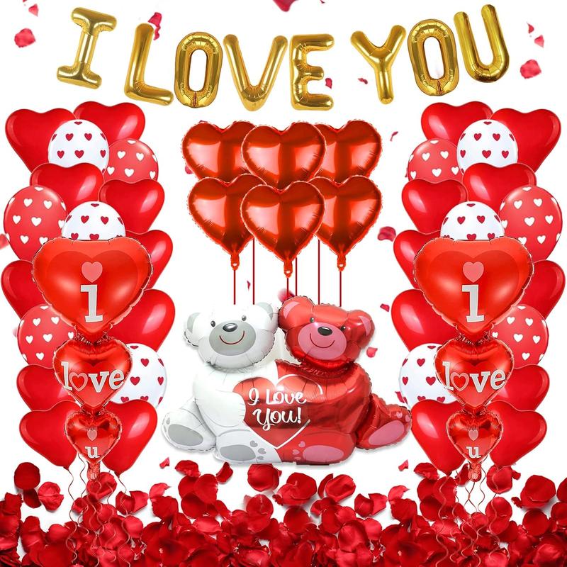 Christmas gift Valentine's Day Balloon Decor Set - 49 Pcs 'I Love You' & Heart Balloons with Teddy Bear 1000 Silk Rose Petals Romantic Decorations