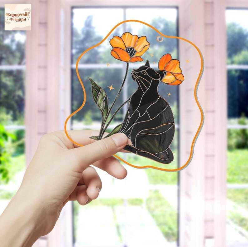 Black Cat and Flower Acrylic Ornament, Cat Lovers Gift, Wildflower with Cat Window Hanging, Remembrance Gift, Gift for Mom, Home Decor Art