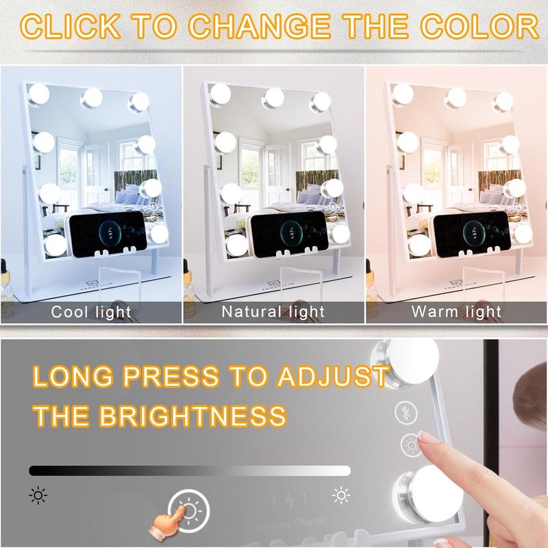 White Hollywood Vanity Mirror with Lights 9 Dimmable Bulbs Wireless Charger Speaker Makeup Mirror with Smart Touch Control for Glam Room Bedroom Detachable 10X Magnification