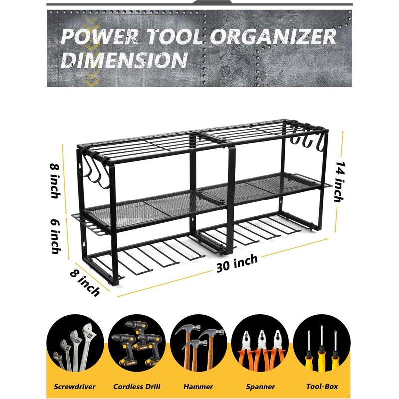 Power Tool Organizer Wall Mount, Heavy Duty Utility Tool Rack with 8 Drill Holders and 3-Layer High Capacity Storage Rack for Cordless Tool Screwdriver Plier Hammer Holder Installation