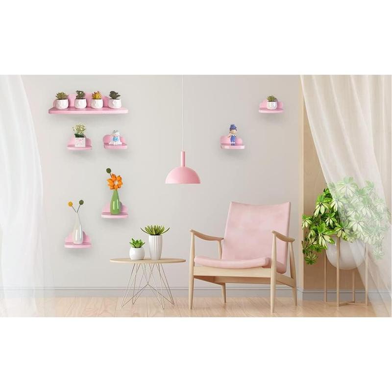 Small Floating Shelves 7 Pack Mini Cloud Shelves Hanging Display Wall Shelf for Kids Bedroom,with 2 Types of Installation,Pink-L