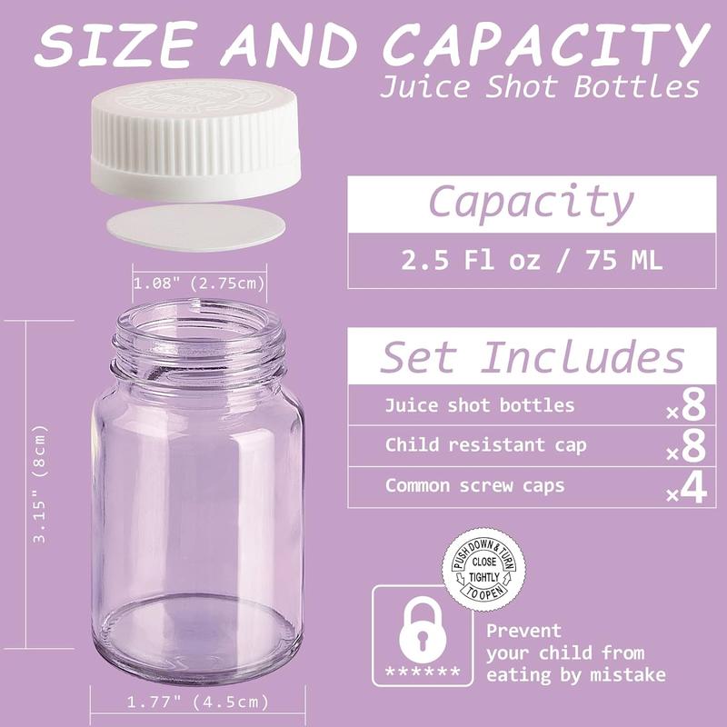 8 Pack 2.5 Oz Wide Mouth Juice Shot Bottles with 8 Sealed Press Screw Caps & 4 Airtight Lids! Small Glass Ginger Shot Bottles for Oil, Ginger, Travel Bottle, Reusable and Dishwasher Safe