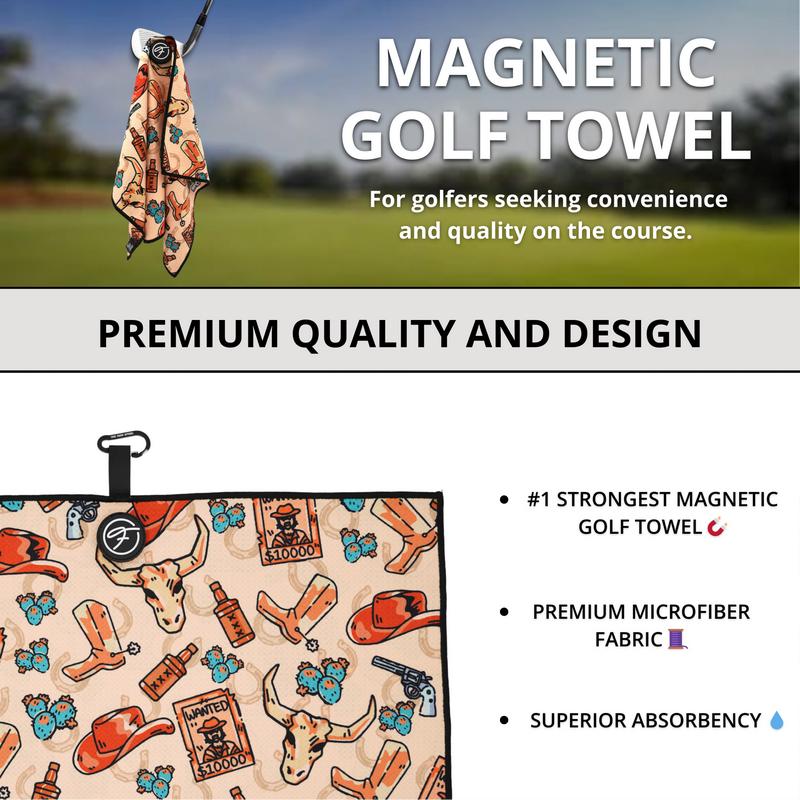 Cowboy Wild West Magnetic Golf Towel Premium Microfiber Waffle Custom Design Towel Super Absorbent Lightweight with Clip Magnet for Golf Bags, Carts or Clubs Gift Accessories for Men & Women Fore Show Silicone golf towels