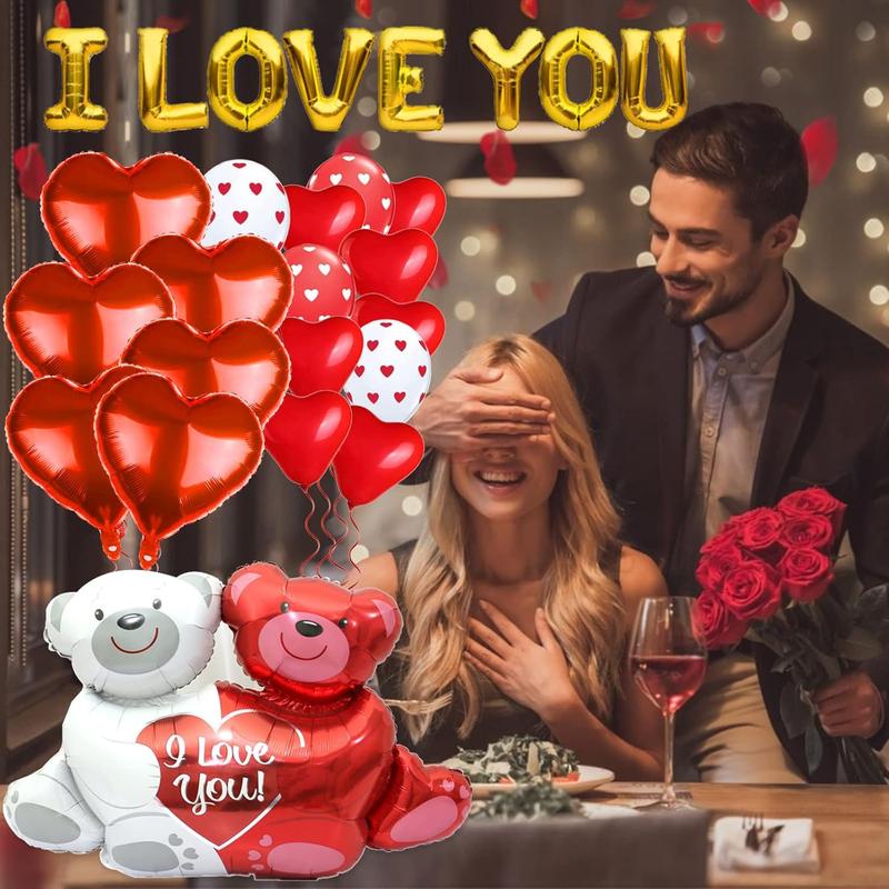 Christmas gift Valentine's Day Balloon Decor Set - 49 Pcs 'I Love You' & Heart Balloons with Teddy Bear 1000 Silk Rose Petals Romantic Decorations