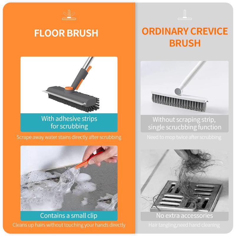 Floor Scrub Brush with Long Handle, 3 in 1 Scrape and Heavy-Duty Stiff Bristle Scrubber Brush for Cleaning Shower Bathroom, Patio, Garage, Kitchen, Wall and Deck