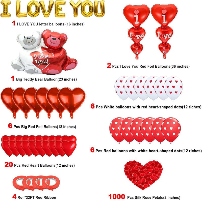 Christmas gift Valentine's Day Balloon Decor Set - 49 Pcs 'I Love You' & Heart Balloons with Teddy Bear 1000 Silk Rose Petals Romantic Decorations