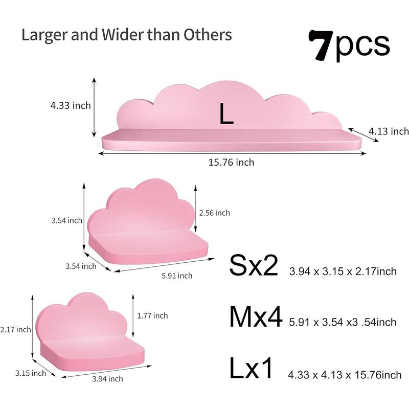 Small Floating Shelves 7 Pack Mini Cloud Shelves Hanging Display Wall Shelf for Kids Bedroom,with 2 Types of Installation,Pink-L