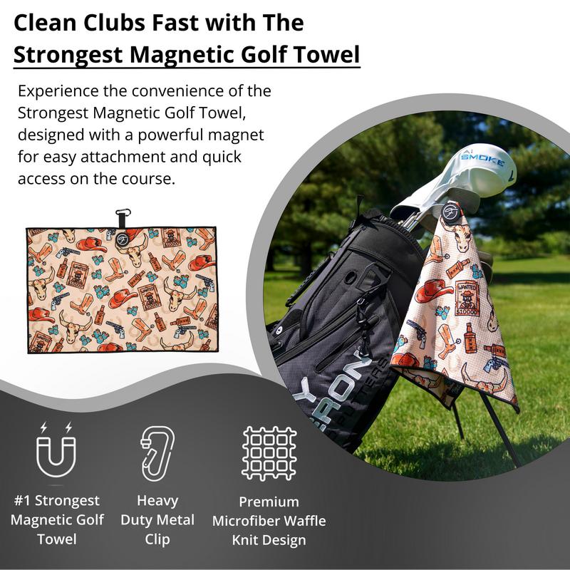 Cowboy Wild West Magnetic Golf Towel Premium Microfiber Waffle Custom Design Towel Super Absorbent Lightweight with Clip Magnet for Golf Bags, Carts or Clubs Gift Accessories for Men & Women Fore Show Silicone golf towels