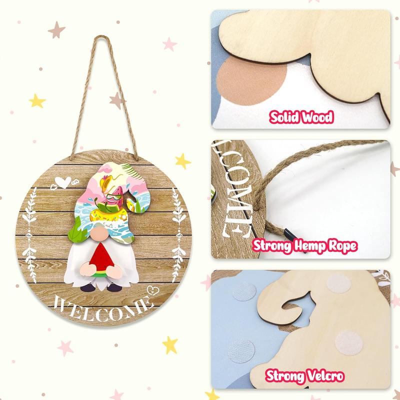 Interchangeable Welcome Sign Wooden Gnome Decoration for Home with 20 Removable Accessories for Spring Summer Fall Winter Halloween Christmas, Gnome