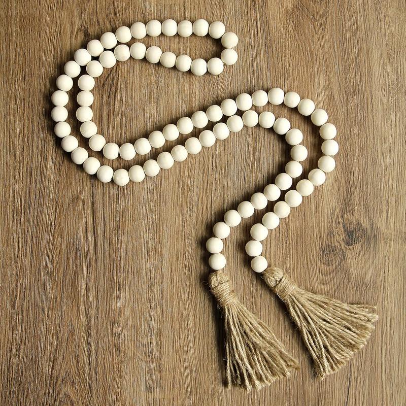 58in Wood Bead Garland with Tassels,Farmhouse Beads Rustic Country Decor Prayer Boho Beads Wall Hanging Decoration (Nature) Gift Wooden