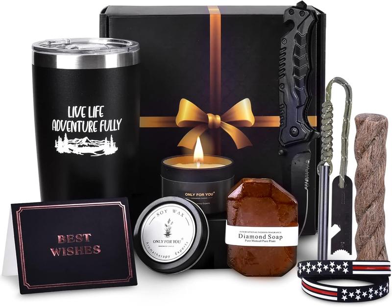 Gift Box for Men, Birthday Gifts Baskets for Men Fathers Day Box Cool Camping Gifts for Men Outdoorsman Gift Set for Guys Boyfriend Husband Dad Son Brother Friend Uncle Grandpa