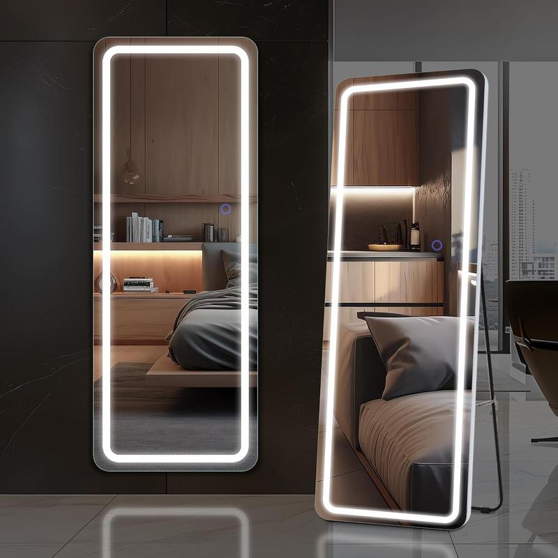 LED Long Floor Mirror with Adjustable 3 Color LED Light, Sturdy Dimmable Full Length Mirror with Stand, Wall Mounted Hanging christmas 2024 ornament for Home, 64*21 Decor