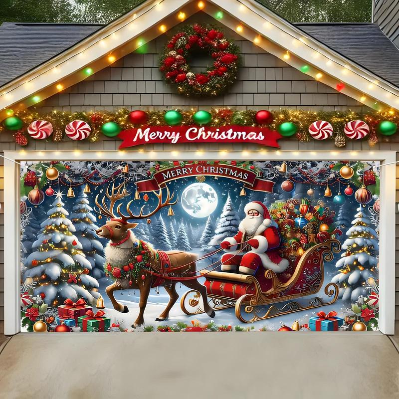 Christmas Themed Garage Door Banner, 1 Count Santa Claus & Reindeer Pattern Garage Door Decoration Flag, Festive & Party Supplies for Home Decor