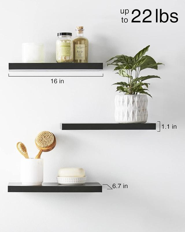 Wall Mounted Floating Shelves for Books, Storage, and Room Decor - Set of 3, Black, 16in