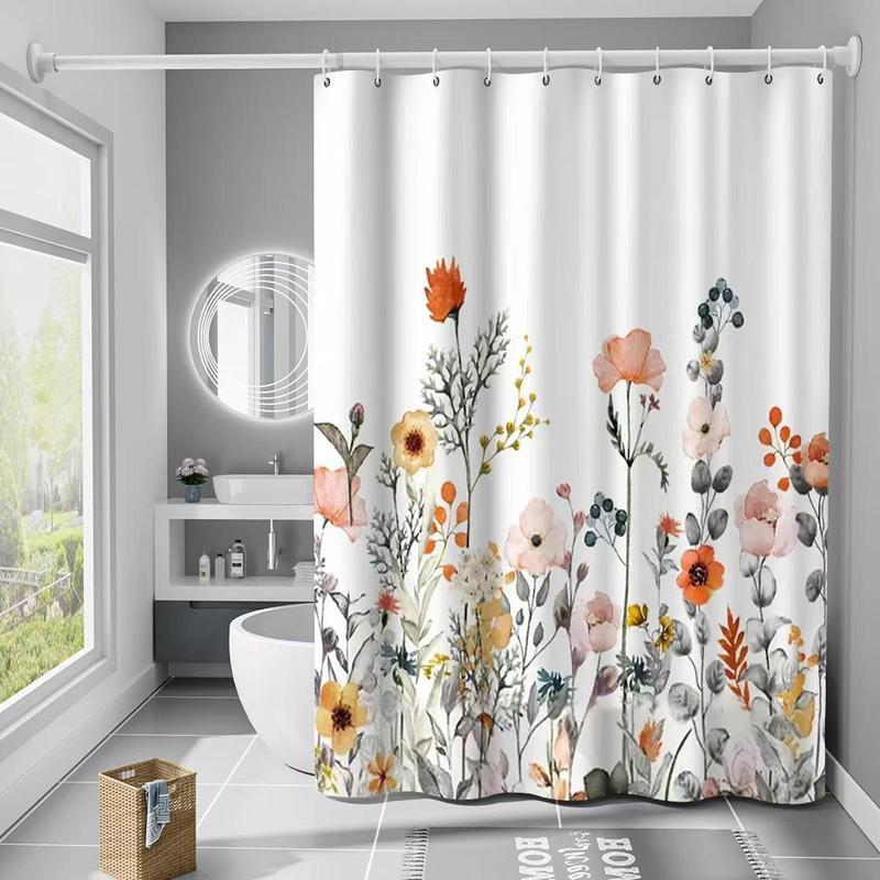 Floral Print Shower Curtain, 1 Count Waterproof Bathroom Shower Curtain with 12pcs Hooks, Bathroom Supplies