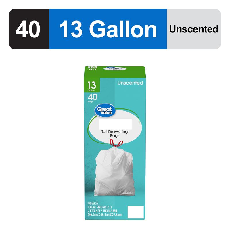 Durable 13-Gallon Drawstring Kitchen Trash Bags – Unscented, 40 Bags