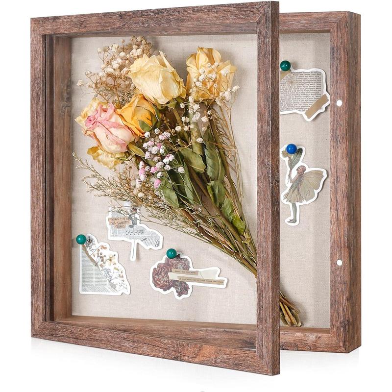 8x10 Shadow Box Frame with Linen Back - Real Glass, Push Pins Included, Sturdy Rustic Memory Display Case, Distressed White