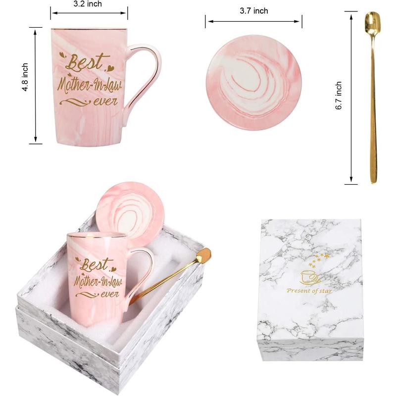 Mother In Law Coffee Mugs Best Mother In Law Gifts Birthday Mothers Day Gifts from Daughter Son In Law 14 Ounce Pink with Gift Box Spoon Coaster