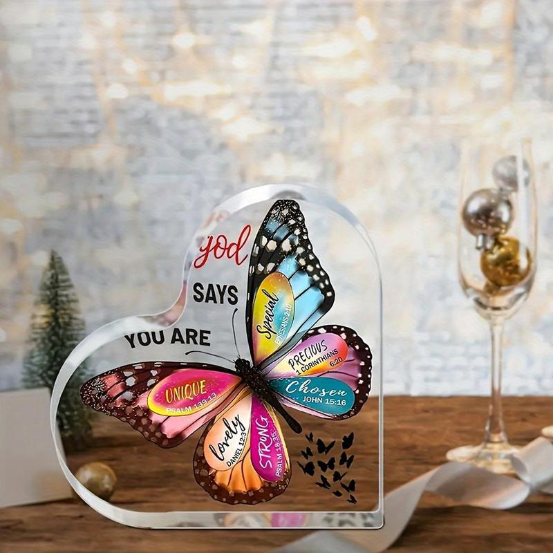 Heart Shaped Acrylic Plaque, Butterfly & Letter Pattern Decorative Plaque, Desktop Ornament for Home Office