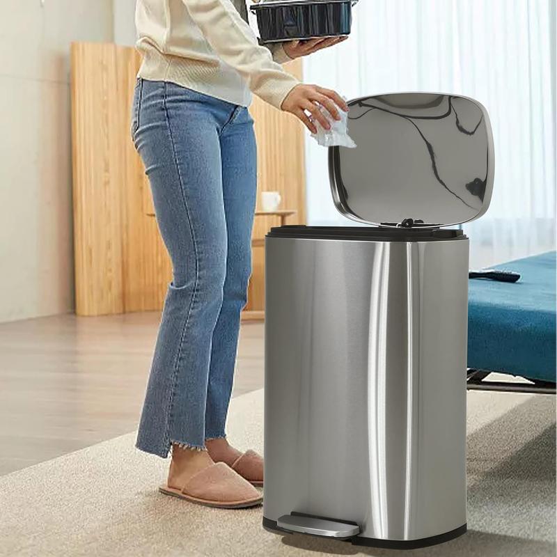 13 Gallon Trash Can, Brushed Stainless Steel Kitchen Trash Can with Soft-close Lid, Fingerprint-resistant Kitchen Garbage Can with Foot Pedal and Inner Bucket, Odor Proof Trash Can Garbage Can, Silver