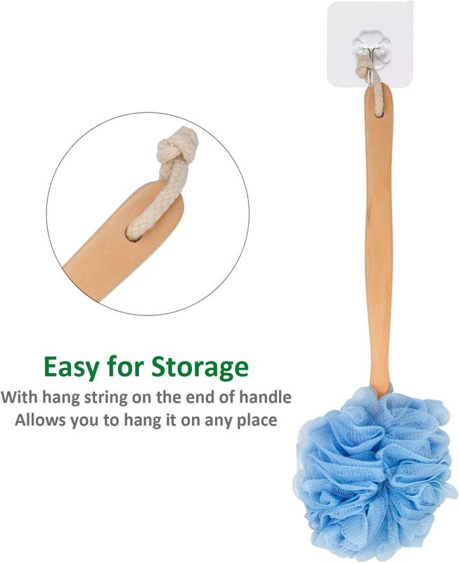 Loofah  Scrubber for Shower, Wooden Long Handle Bath Sponge Lufa Shower Brush, Soft Nylon Mesh  Cleaner Washer, Women & Men  Luffa Pouf on a Stick for  (Blue)