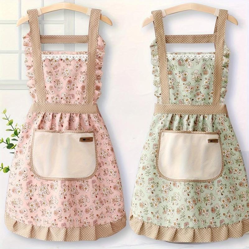 Floral Print Apron with Pocket, 1 Count Adjustable Strap Waterproof & Oil-proof Apron, Breathable Fabric Apron for Chefs & Waitstaff