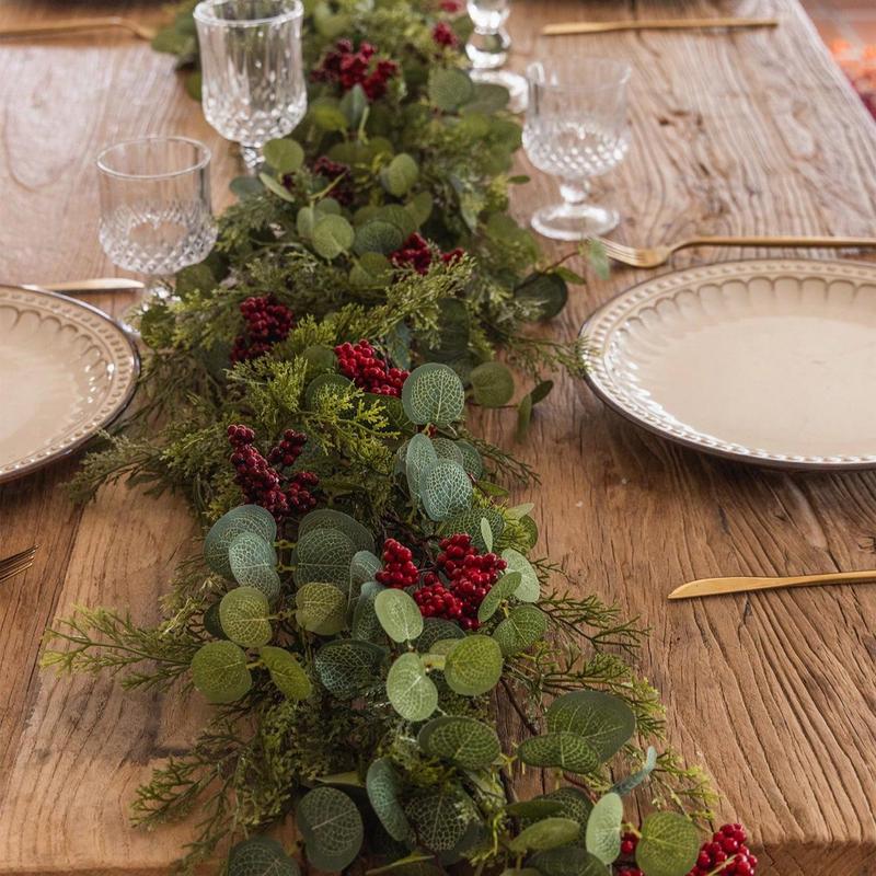 Christmas Artificial Money Grass Pine & Cypress Red Fruit Garland, Fake Plant Garland, Fake Christmas Plant Vine for Stairs, Desktop Centerpiece, Furniture Decor