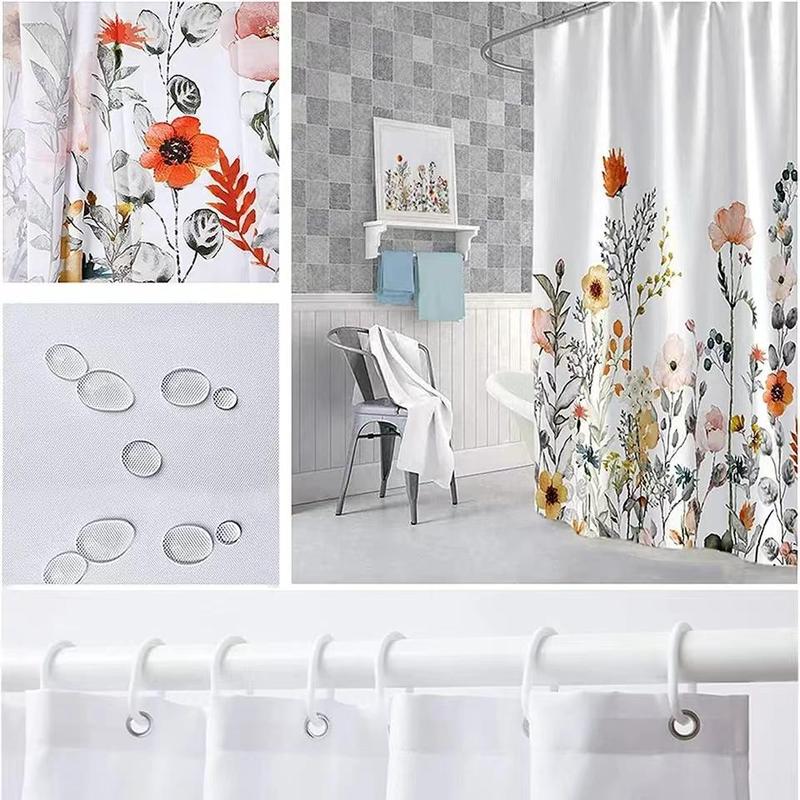 Floral Print Shower Curtain, 1 Count Waterproof Bathroom Shower Curtain with 12pcs Hooks, Bathroom Supplies